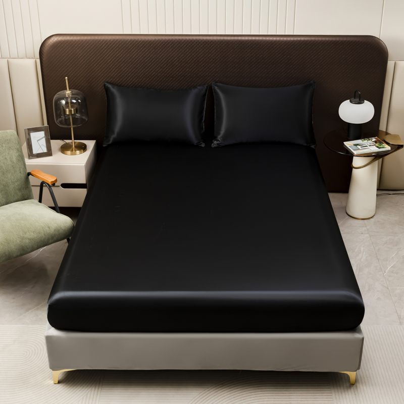 Silk Sheet Set - 3Pcs Black Satin Fitted Sheet Solid